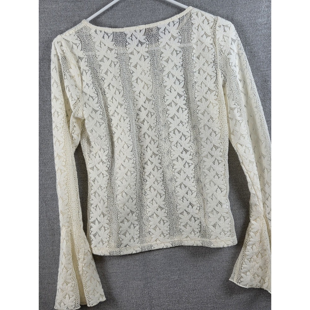 LOFT Floral Pointelle Lace Bell Sleeve Blouse S Stretch Knit Fairy Festival NEW